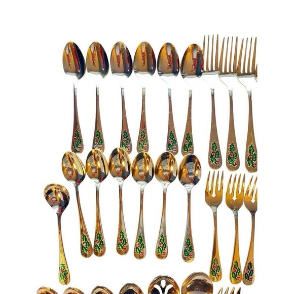 SET OF 51 JAPAN STAINLESS STEEL GOLD TONE HOLLY CHRISTMAS UTENSILS FLATWARE - Picture 4 of 5